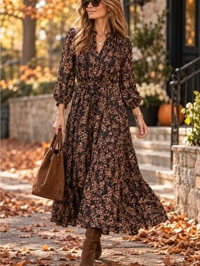 Calvin Klein Designer Floral Black and Brown Maxi Dress